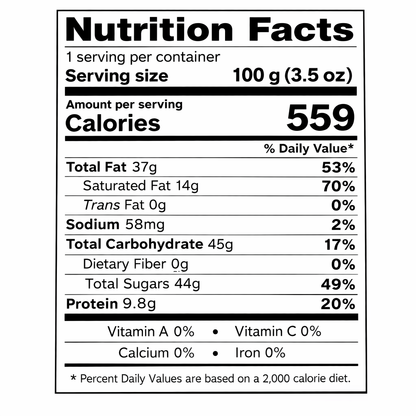 Nutrition facts label for Ritter Sport Whole Almonds milk chocolate bar — serving size 100 g (3.5 oz), 559 calories per serving.