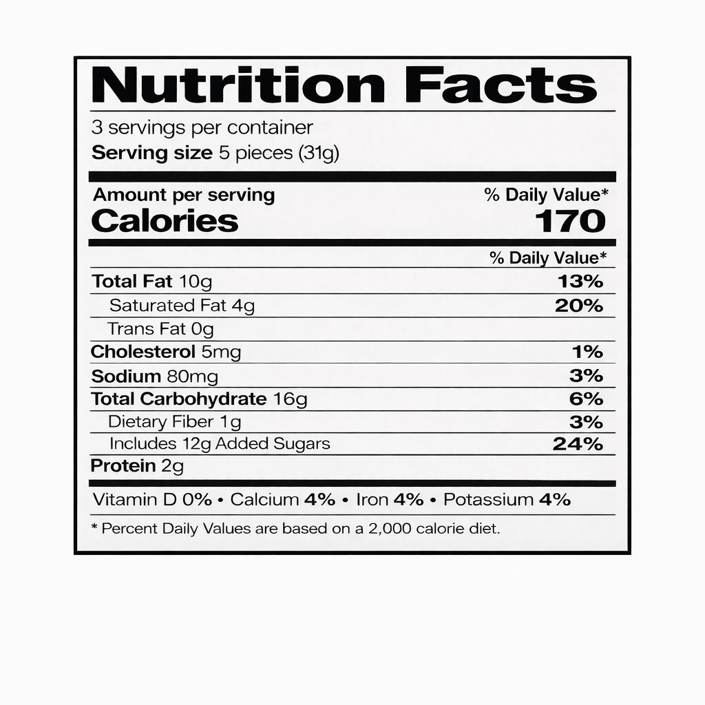 Ritter Sport Whole Hazelnuts with Cornflakes Milk Chocolate Bar, 3.5oz — nutrition facts label (serving size 5 pieces / 31g, 3 servings per container, 170 calories).