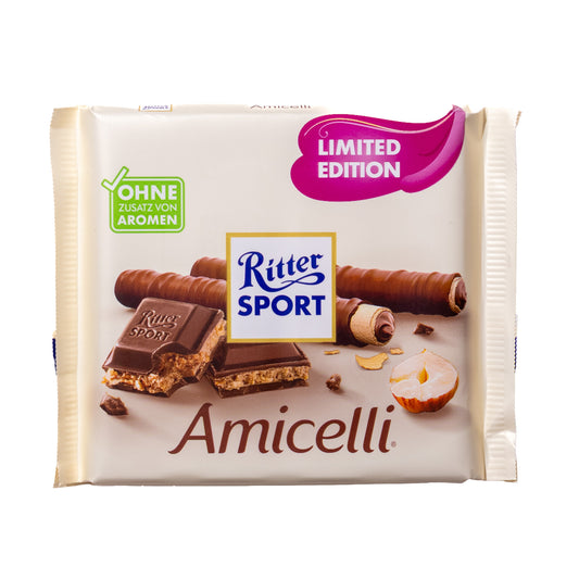 Ritter Sport Amicelli Hazelnut Cream & Wafer Milk Chocolate Bar, 3.5oz — limited edition wrapper on a white background.