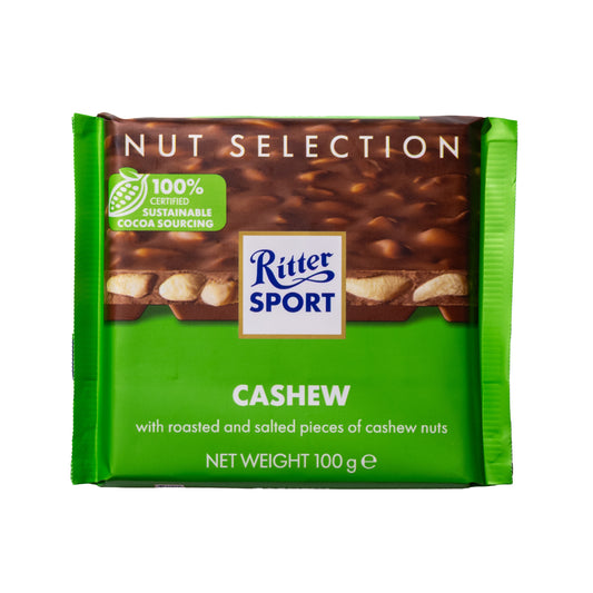 Ritter Sport Cashew milk chocolate bar (Nut Selection) with roasted & salted cashew pieces in green packaging on a white background.