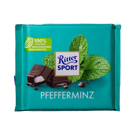Ritter Sport dark chocolate with peppermint filling bar (Pfefferminz), 3.5 oz, teal wrapper with mint leaves on a white background