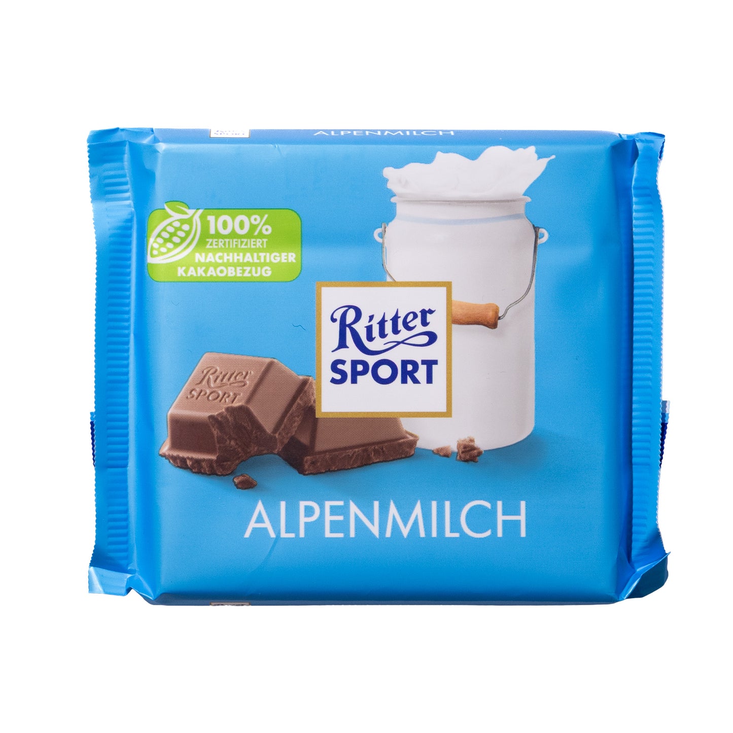 Ritter Sport Alpenmilch (Alpine Milk) milk chocolate bar, 3.5 oz, in blue wrapper with milk can graphic on a white background.