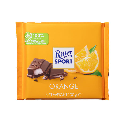 Ritter Sport Orange dark chocolate bar with orange pomade filling, 3.5 oz, in orange packaging on a white background.