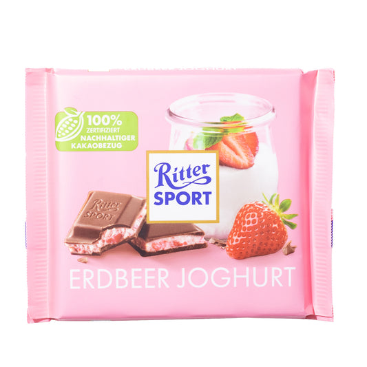 Ritter Sport Strawberry Cream milk chocolate bar, 3.5 oz — pink wrapper with strawberries and yogurt cup
