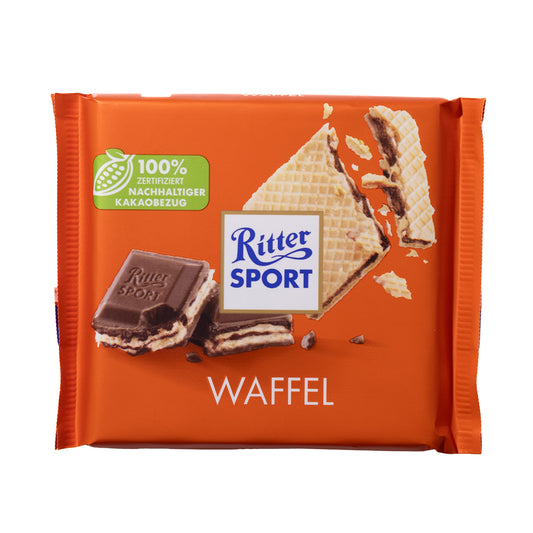 Ritter Sport Waffel cocoa cream wafer milk chocolate bar, 3.5 oz, orange wrapper with “WAFFEL” text and wafer/chocolate graphics on a white background.