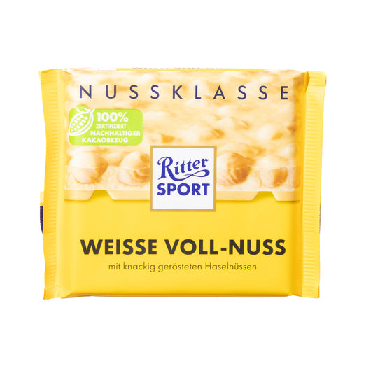 Ritter Sport Weisse Voll-Nuss white chocolate bar with whole hazelnuts, 3.5 oz, yellow packaging on white background