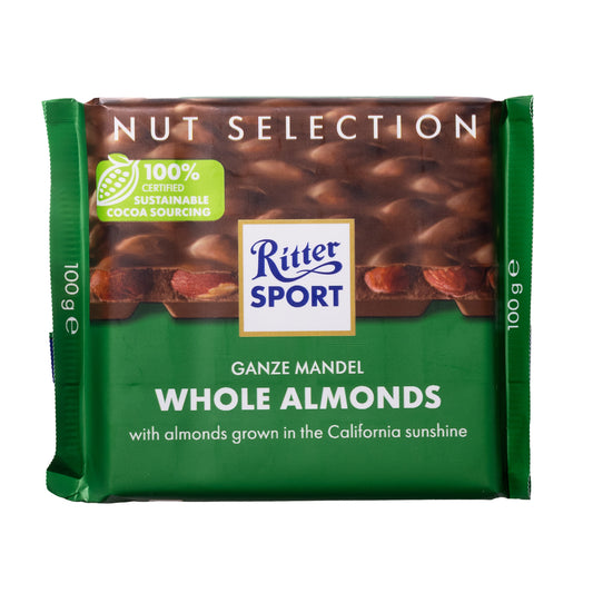 Ritter Sport Whole Almonds milk chocolate bar, 3.5 oz (100 g) — green “Nut Selection” wrapper with whole almonds on front.