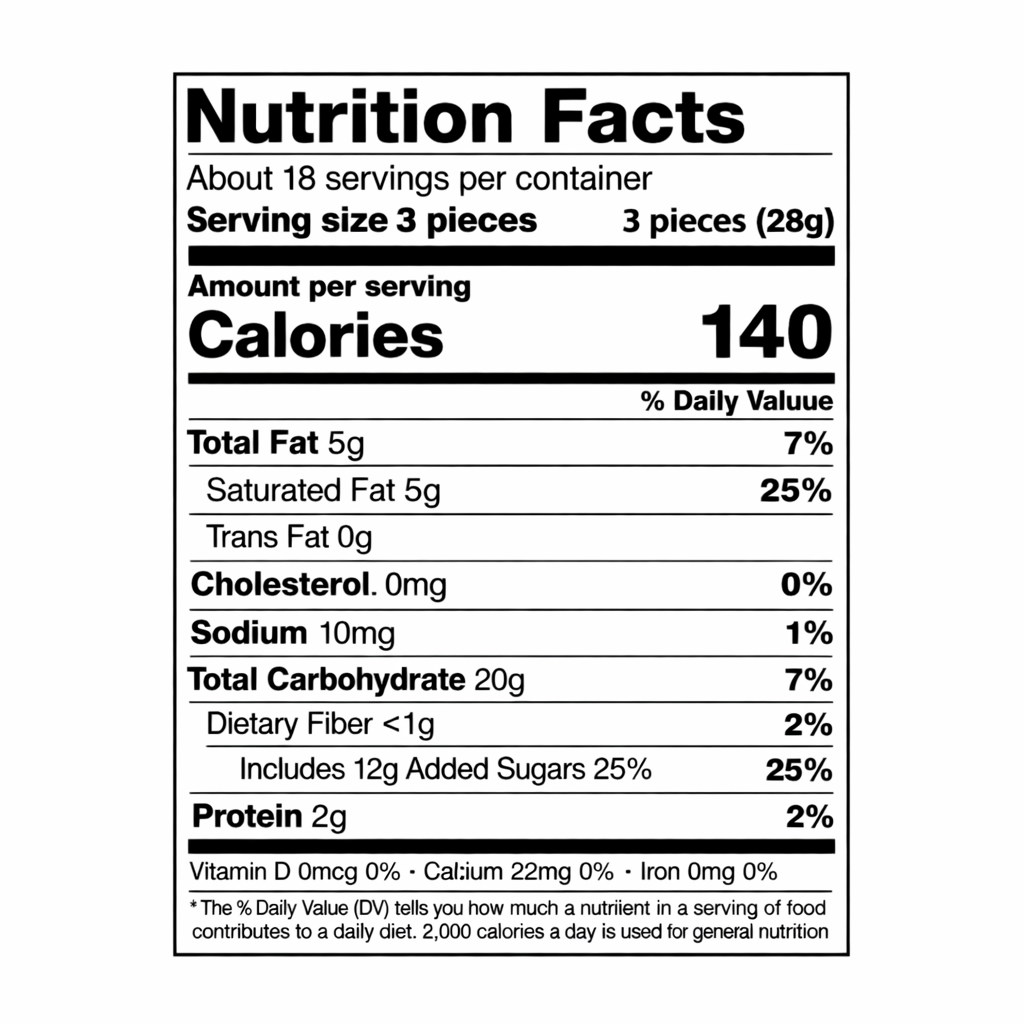 Roshen Flaksi Cocoa Sweets with Wafer Flakes, 1.1 lb — nutrition facts label (serving size 3 pieces / 28 g)