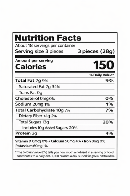 Roshen Flaksi coconut sweets with wafer flakes, 1.1 lb — nutrition facts label (serving size 3 pieces / 28 g)