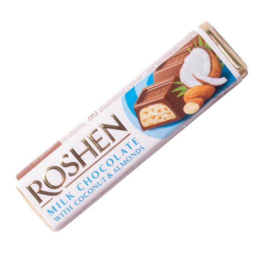 Roshen Milk Chocolate Bar with Coconut & Almonds, 1.34oz