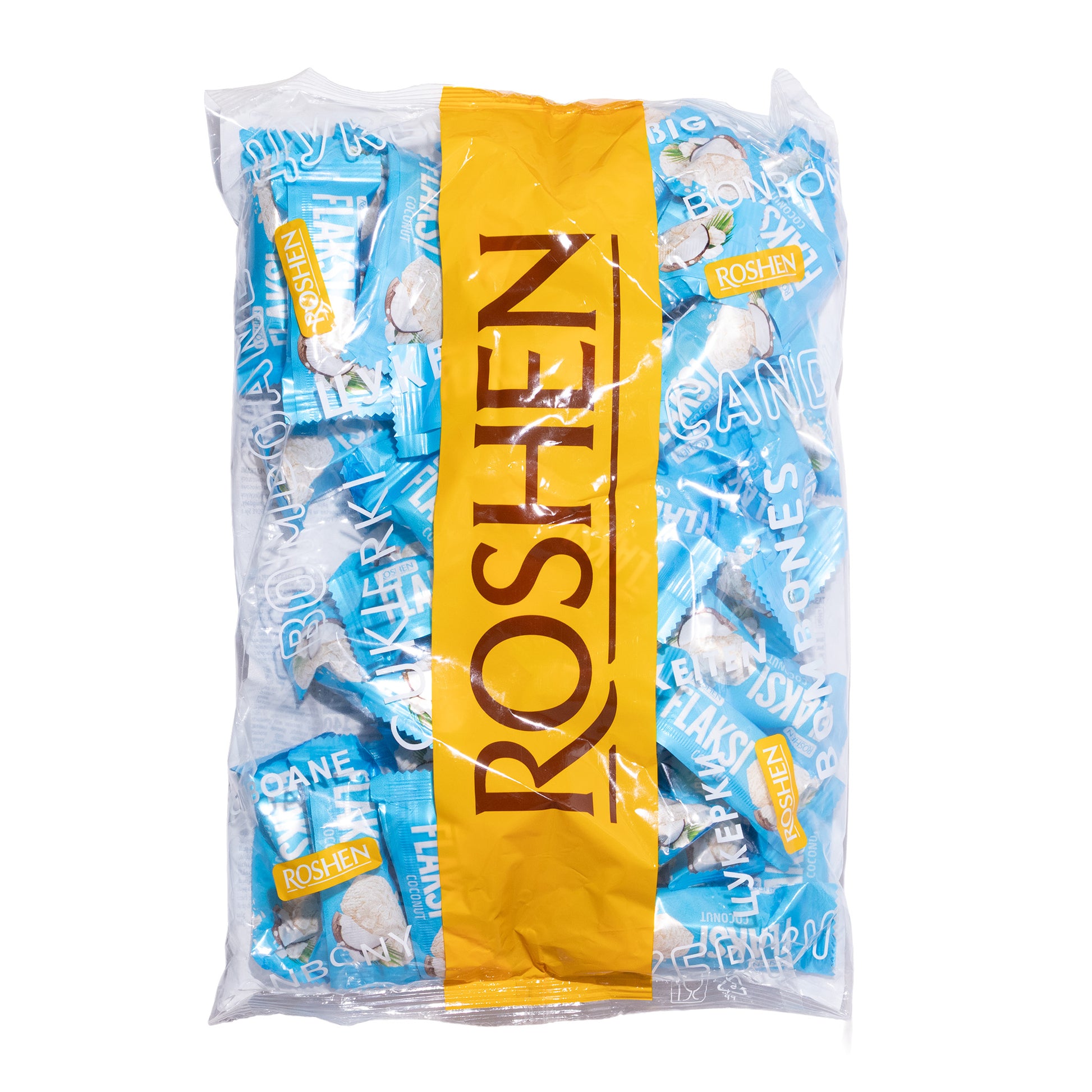 Roshen Flaksi coconut sweets with wafer flakes bag, 1.1 lb, clear bag showing individually wrapped candies in blue wrappers