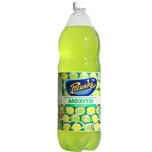 Rosinka Mojito Soft Drink, 67.63 fl oz (2 L) — carbonated mojito-flavored soft drink featuring lime and mint-inspired graphics on the front label.
