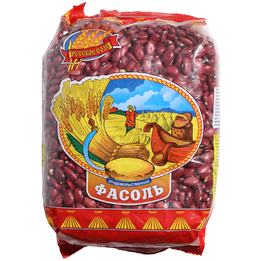 Russkoe Pole Red Beans, 28.22 oz (800 g) — dried red beans, perfect for soups, stews, chili, salads, and traditional Eastern European and international recipes. A hearty source of plant-based protein and fiber, packaged in a clear bag showcasing the beans with classic Russkoe Pole farm-themed branding.
