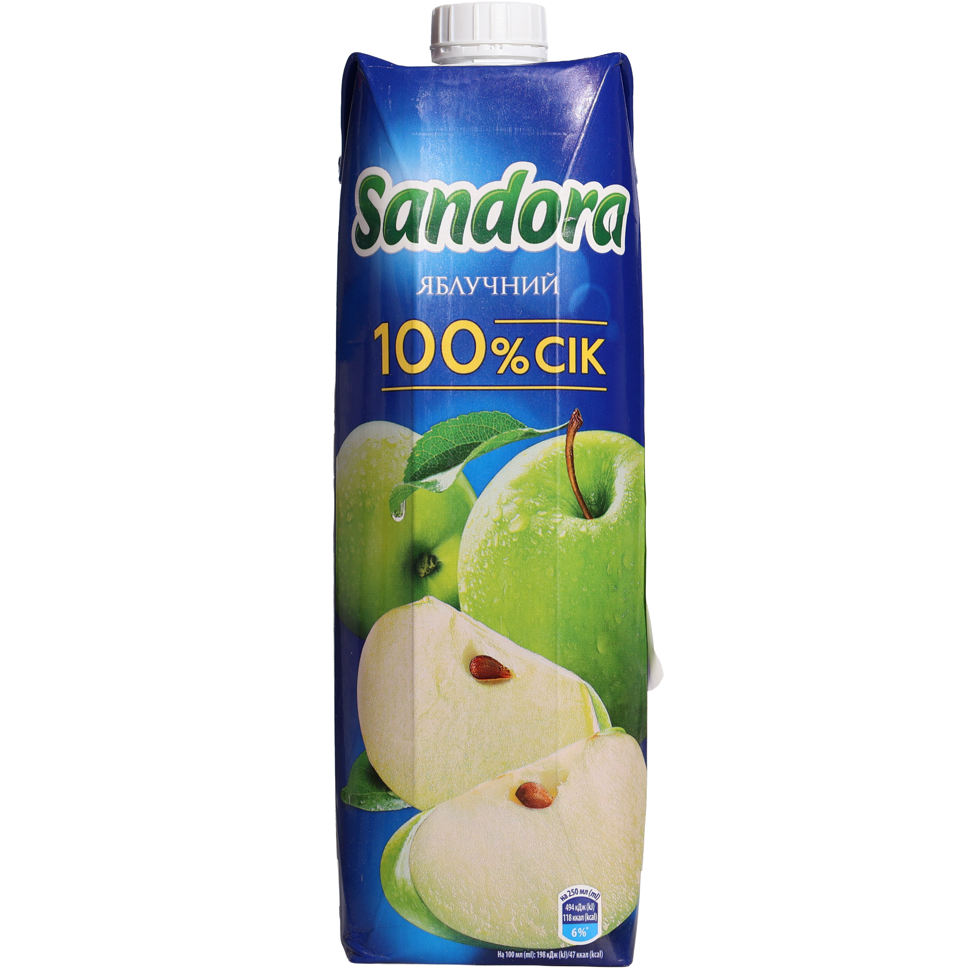 Sandora Apple Juice, 32.12 fl oz (950 mL) — 100% apple juice beverage featuring fresh green apple imagery on the front carton packaging.
