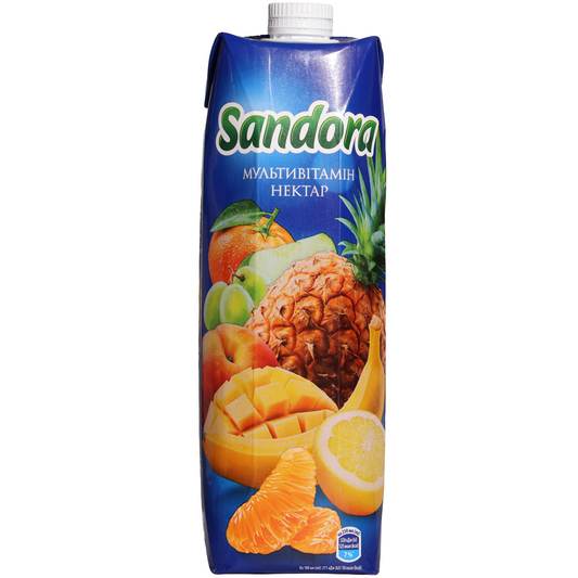 Sandora Multivitamin Nectar, 32.12 fl oz (950 mL) — multivitamin nectar beverage featuring pineapple, mango, orange, lemon, grape, peach, and banana imagery on the front carton packaging.
