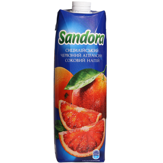 Sandora Sicilian Red Orange Juice Drink, 32.12 fl oz (950 mL) — Sicilian red orange juice drink featuring blood orange imagery and citrus fruit slices on the front carton packaging.
