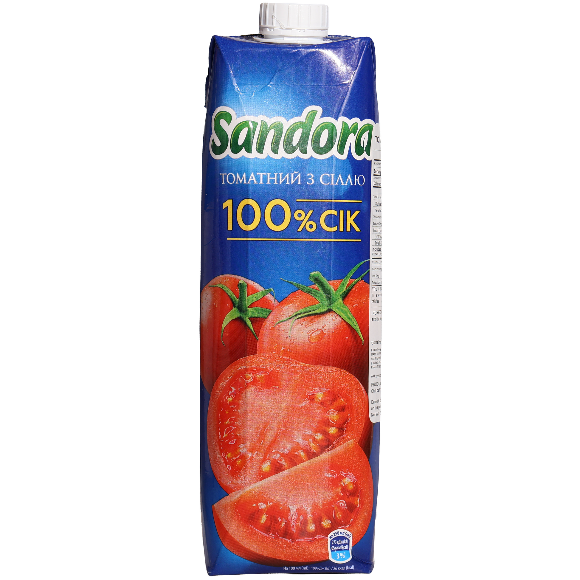 Sandora Tomato Juice with Salt, 32.12 fl oz (950 mL) — 100% tomato juice with added salt, featuring fresh whole and sliced tomato imagery on the front carton packaging.
