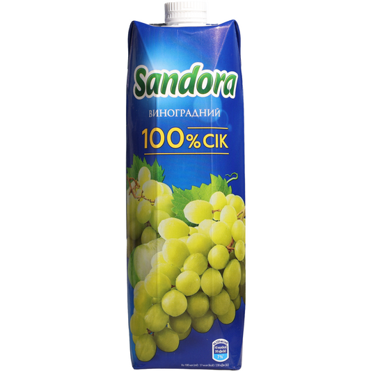 Sandora White Grape Juice, 32.12 fl oz (950 mL) — 100% white grape juice featuring clusters of green grapes on the front carton.
