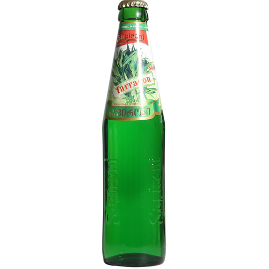 Sapironi Tarragon Lemonade, 11.16 fl oz (330 mL) — traditional tarragon-flavored carbonated soft drink in a green glass bottle, featuring fresh tarragon imagery on the front label.
