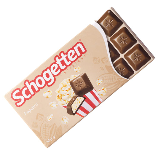 Schogetten Popcorn milk chocolate with milk cream filling bar, 3.53 oz, front packaging with popcorn bucket and chocolate squares shown
