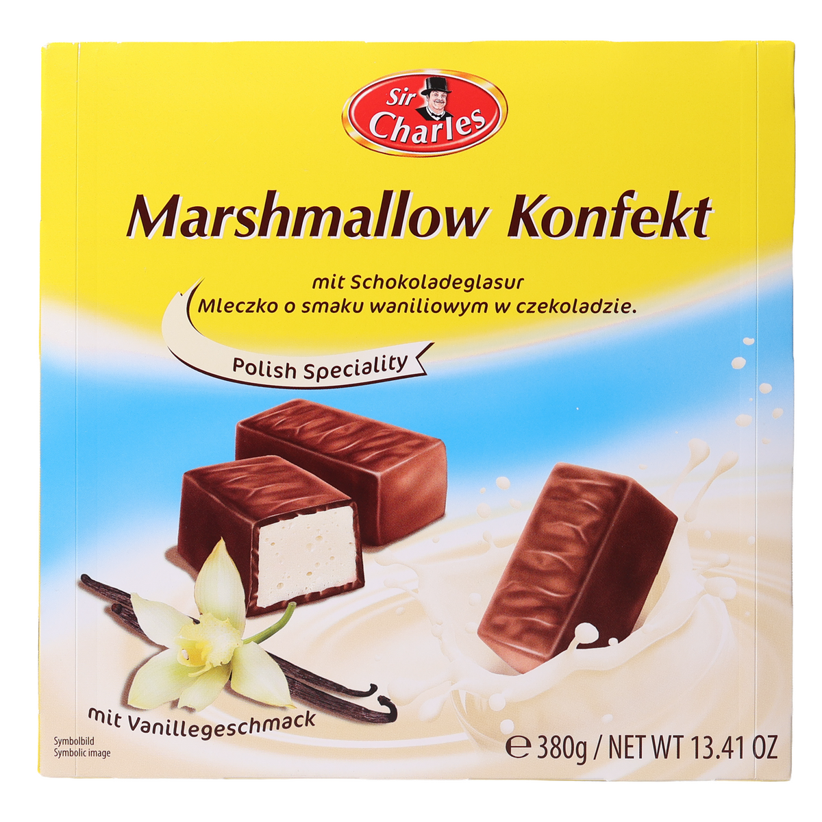 Sir Charles vanilla marshmallows with chocolate glaze in a yellow and blue 13.41 oz box.