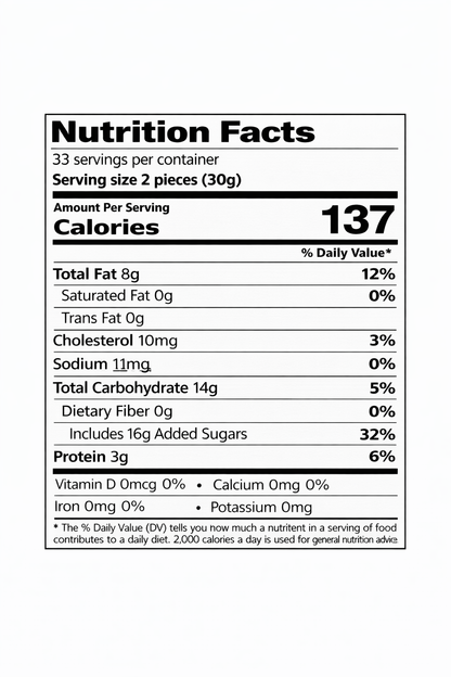 Slavyanka Super Step chocolate nougat & hazelnut glazed sweets, 2.2 lb — nutrition facts label (serving size 2 pieces / 30 g)
