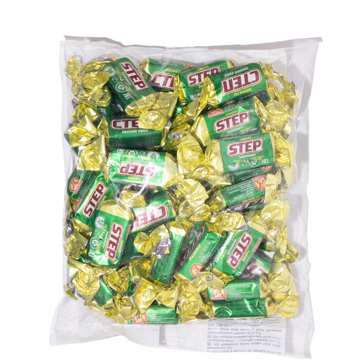 Slavyanka Step hazelnut glazed sweets with peanuts & hazelnuts bag, 2.2 lb, clear bag showing green and gold wrapped candies