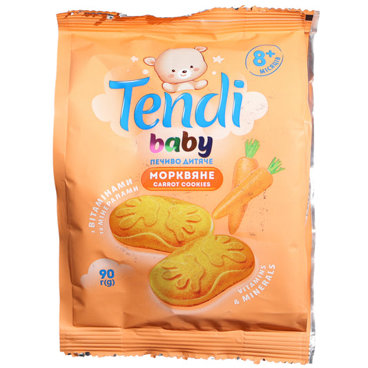 Tendi Baby Carrot Cookies, 3.17 oz (90 g) — carrot-flavored baby cookies fortified with vitamins and minerals, specially designed for babies 8 months and older. Features playful cookie and carrot imagery on the package.
