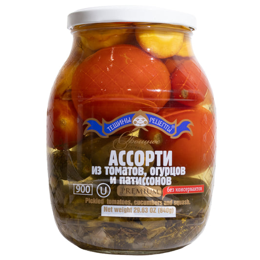 Teshchiny Recipe Marinated Assortment Tomatoes, Cucumbers and Squash, 31.75oz