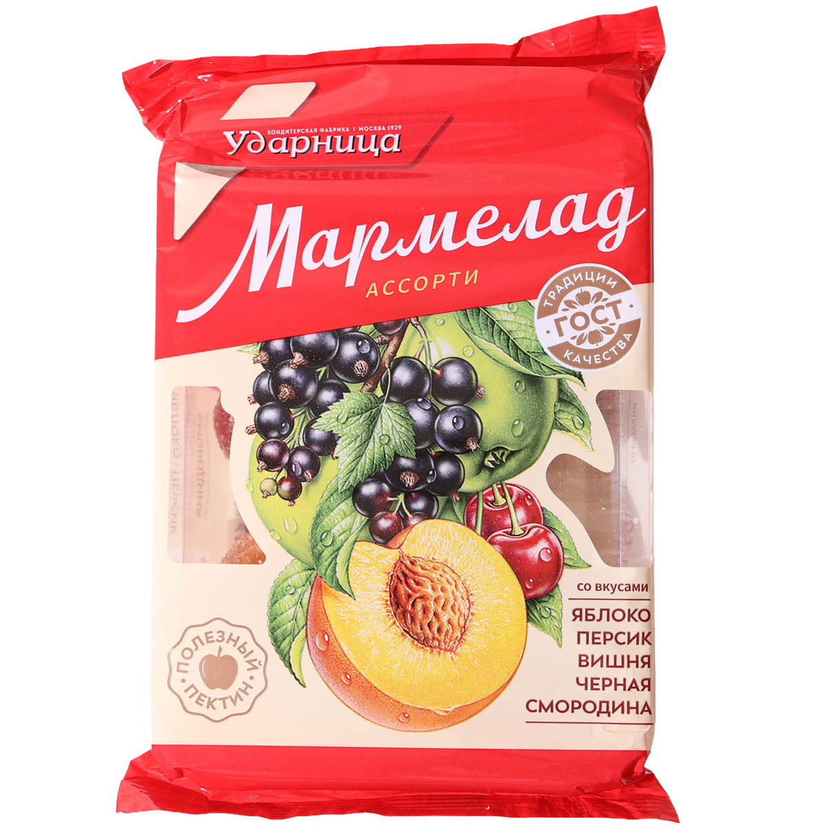 Udarnitsa assorted fruit and berry marmelad jelly candy in a red and cream bag with fruit illustrations.