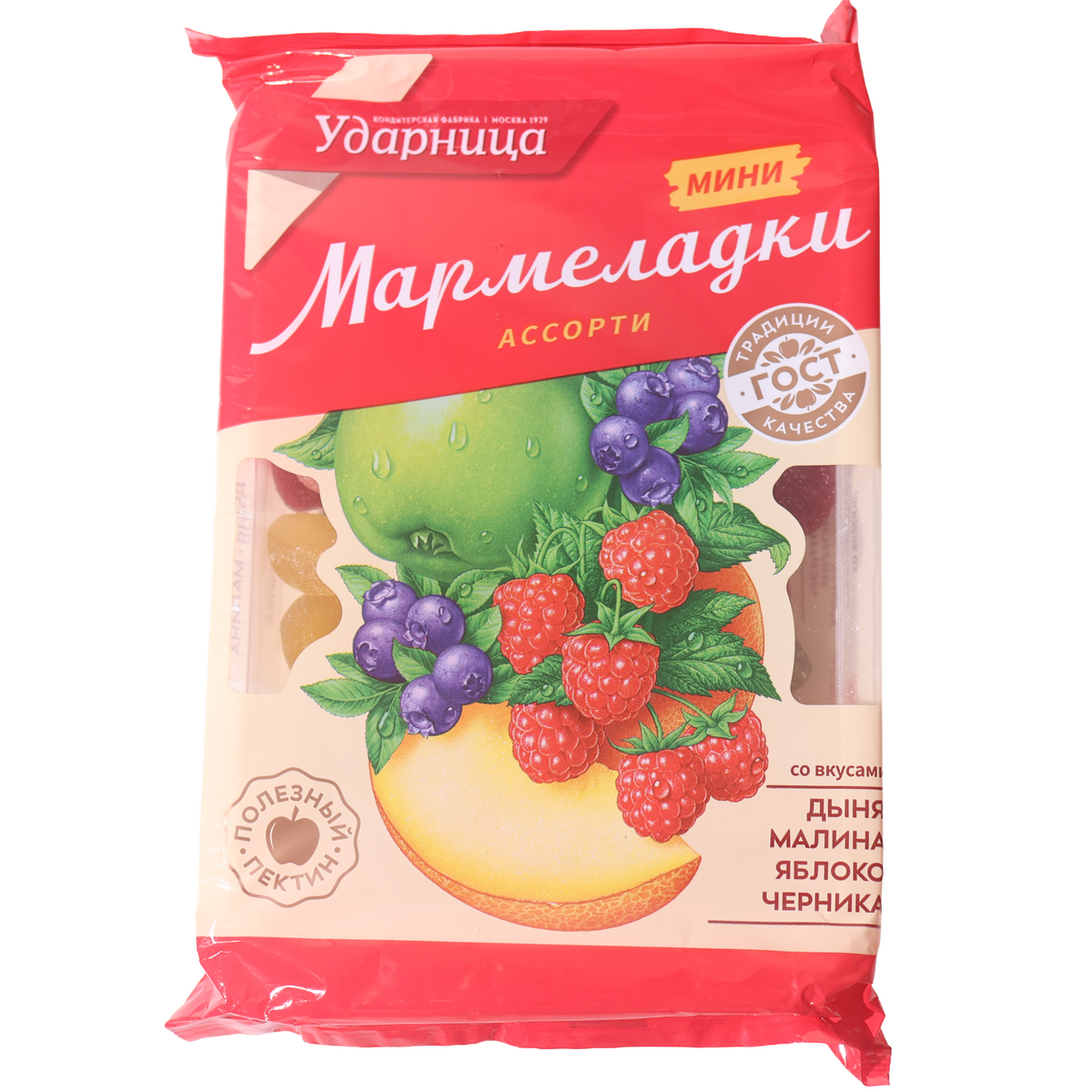 Udarnitsa Mini Assorted marmelad jelly candy in a red and cream bag with fruit illustrations.
