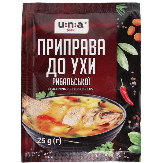 Una Pack Fish Soup Seasoning, 0.88 oz (25 g) — a savory seasoning blend specially crafted for traditional fish soup and seafood-based broths. Features a balanced mix of herbs, spices, and vegetables to enhance the flavor of homemade fish soups, stews, and chowders. Convenient single-use packet with Una Pack branding.
