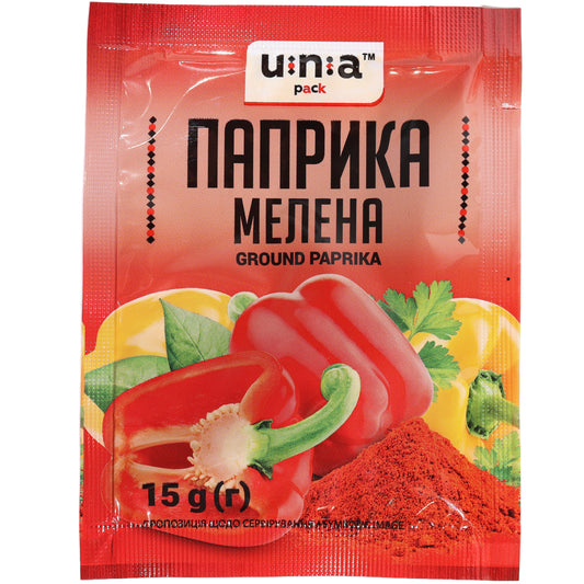 Una Pack Ground Paprika, 0.53 oz (15 g) — finely ground paprika made from dried sweet red peppers, offering a vibrant color and mild, slightly sweet flavor. Ideal for seasoning meats, poultry, vegetables, soups, stews, sauces, rice dishes, and marinades. A versatile pantry staple commonly used in Eastern European, Balkan, and Mediterranean cooking. Convenient single-use packet with Una Pack branding.

