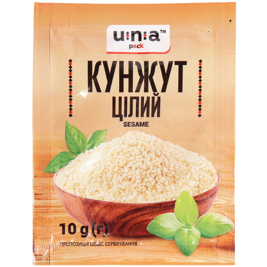Una Pack Whole Sesame Seeds, 0.35 oz (10 g) — whole sesame seeds with a mild, nutty flavor and delicate crunch. Ideal for baking, breads, bagels, pastries, salads, stir-fries, noodle dishes, rice dishes, vegetable recipes, and homemade spice blends. Sesame seeds can also be toasted to enhance their rich aroma and flavor. A versatile pantry ingredient commonly used in Middle Eastern, Mediterranean, Asian, and Eastern European cuisine. Convenient packet with Una Pack branding.
