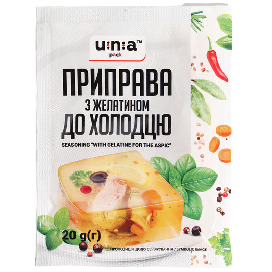 Unia Pack Seasoning with Gelatin for Aspic, 0.71 oz (20 g) — a seasoning blend with gelatin specially formulated for preparing traditional aspic and kholodets. Combines aromatic herbs, spices, vegetables, and gelatin to help create a flavorful, well-set savory meat aspic. Ideal for pork, beef, poultry, and other gelatin-based cold dishes commonly enjoyed throughout Eastern European cuisine. Convenient packet with Unia Pack branding.
