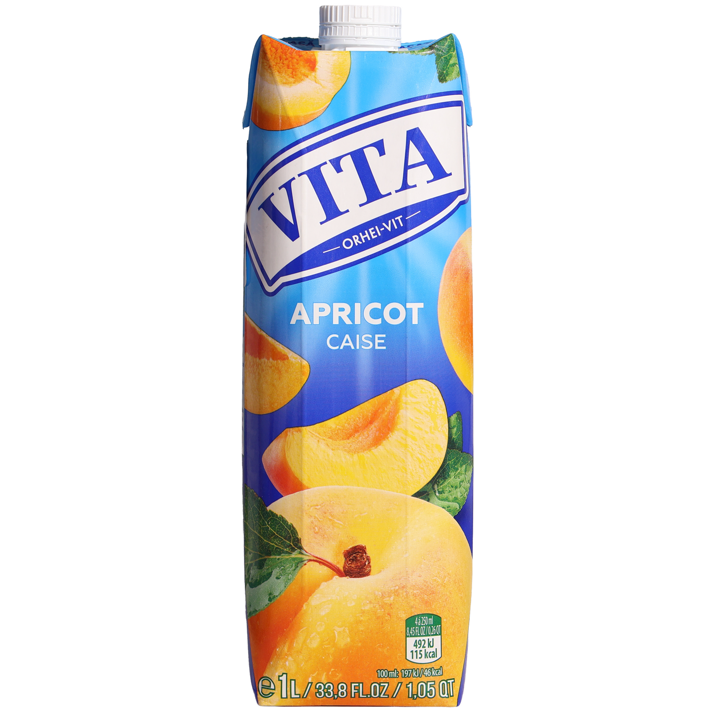 Vita Apricot Nectar with Pulp, 33.8 fl oz (1 L) — apricot nectar beverage with fruit pulp, featuring ripe apricot and sliced apricot imagery on the front carton packaging.
