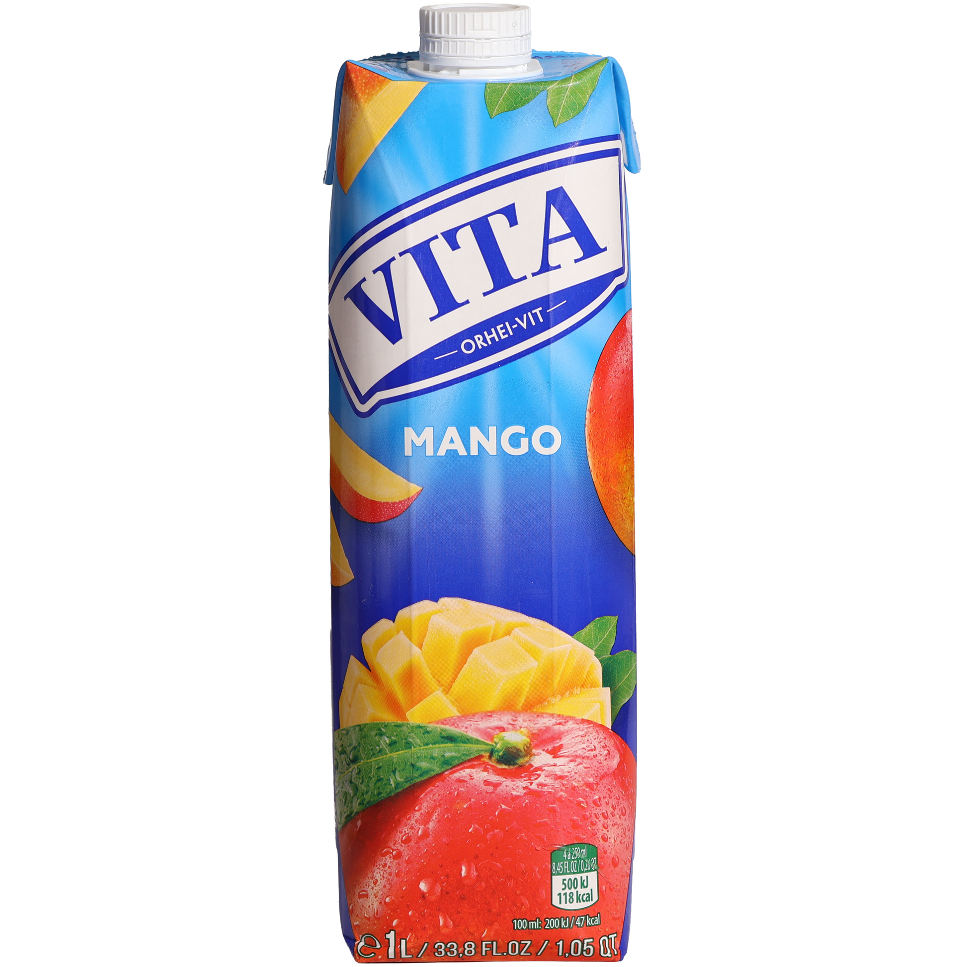 Vita Mango Nectar with Pulp, 33.8 fl oz (1 L) — mango nectar beverage with fruit pulp, featuring ripe mango imagery on the front carton packaging.
