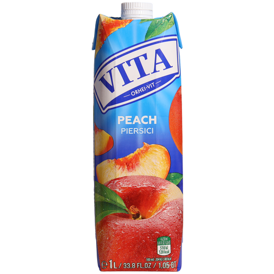 Vita Peach Nectar with Pulp, 33.8 fl oz (1 L) — peach nectar beverage with fruit pulp, featuring ripe peach and sliced peach imagery on the front carton packaging.
