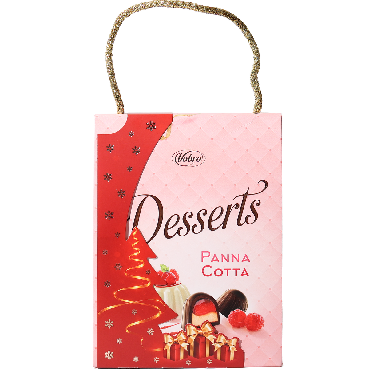 Vobro Desserts Panna Cotta raspberry pralines in a pink Christmas gift bag with a gold cord handle.