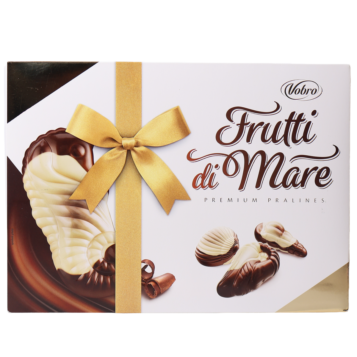 Vobro Frutti di Mare Premium seashell pralines box with a gold bow and two-tone chocolate illustrations.