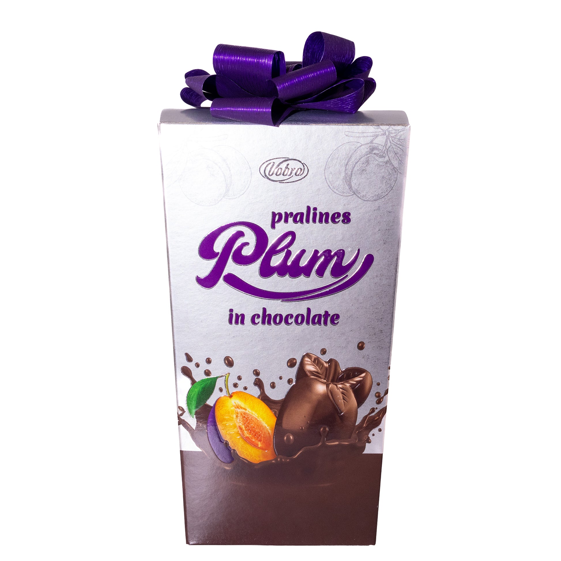Vobro plum pralines in chocolate box, 6.77 oz, front packaging with purple bow and plum in chocolate graphic
