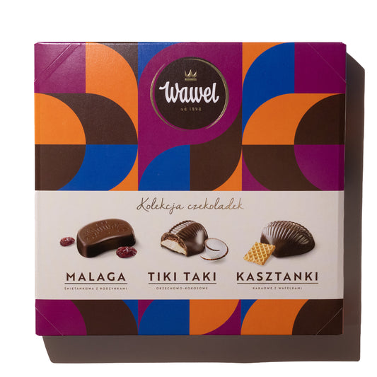 Wawel Chocolate Collection Malaga Tiki Taki Kasztanki box, 5.57 oz, front packaging with assorted chocolates shown