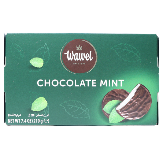 Wawel Chocolate Mint pastilles in a green box with mint leaves and a cutaway coated candy illustration.