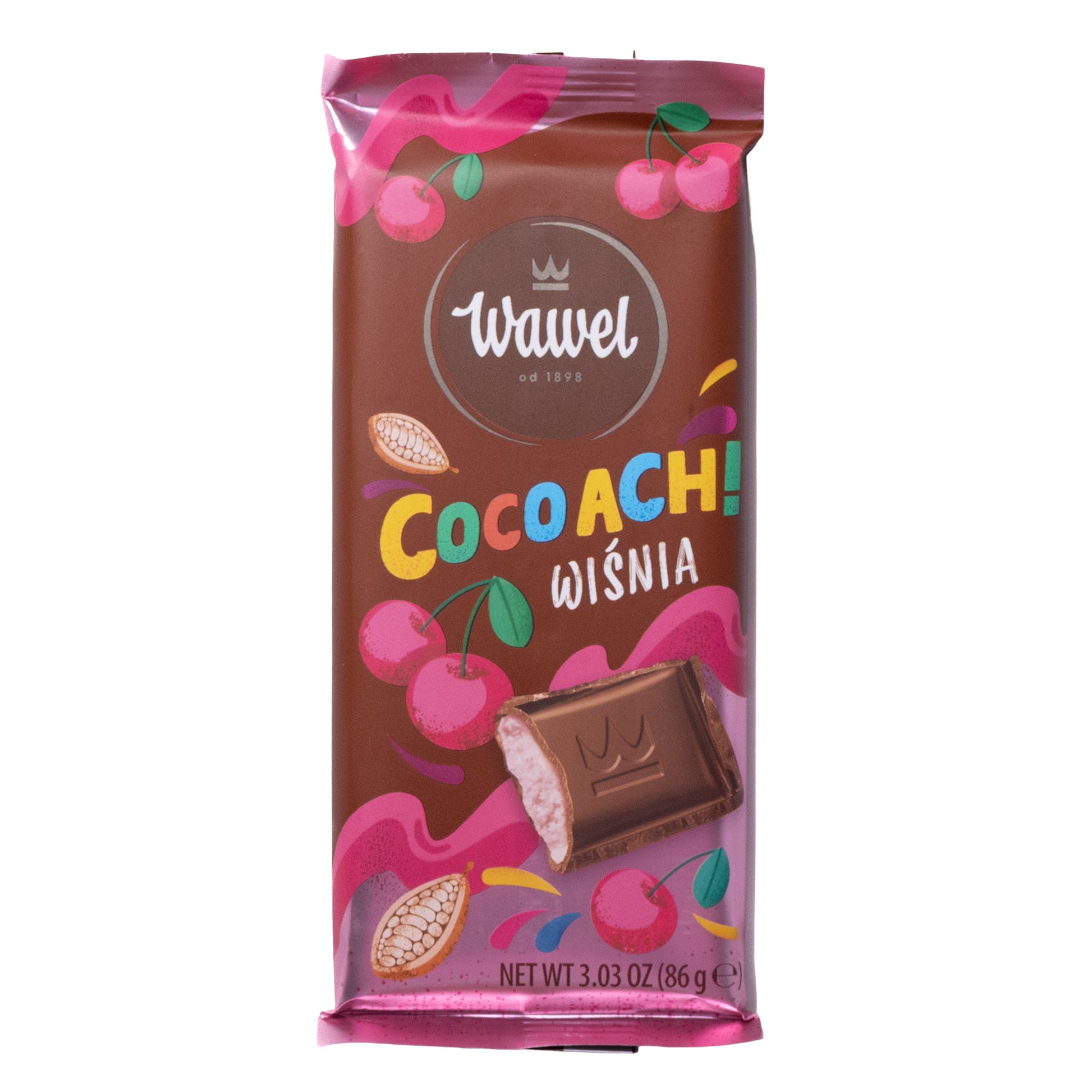 Wawel CocoACH cherry cocoa bar with milk-cherry filling, 3.03 oz, front wrapper with cherry graphics and chocolate piece shown