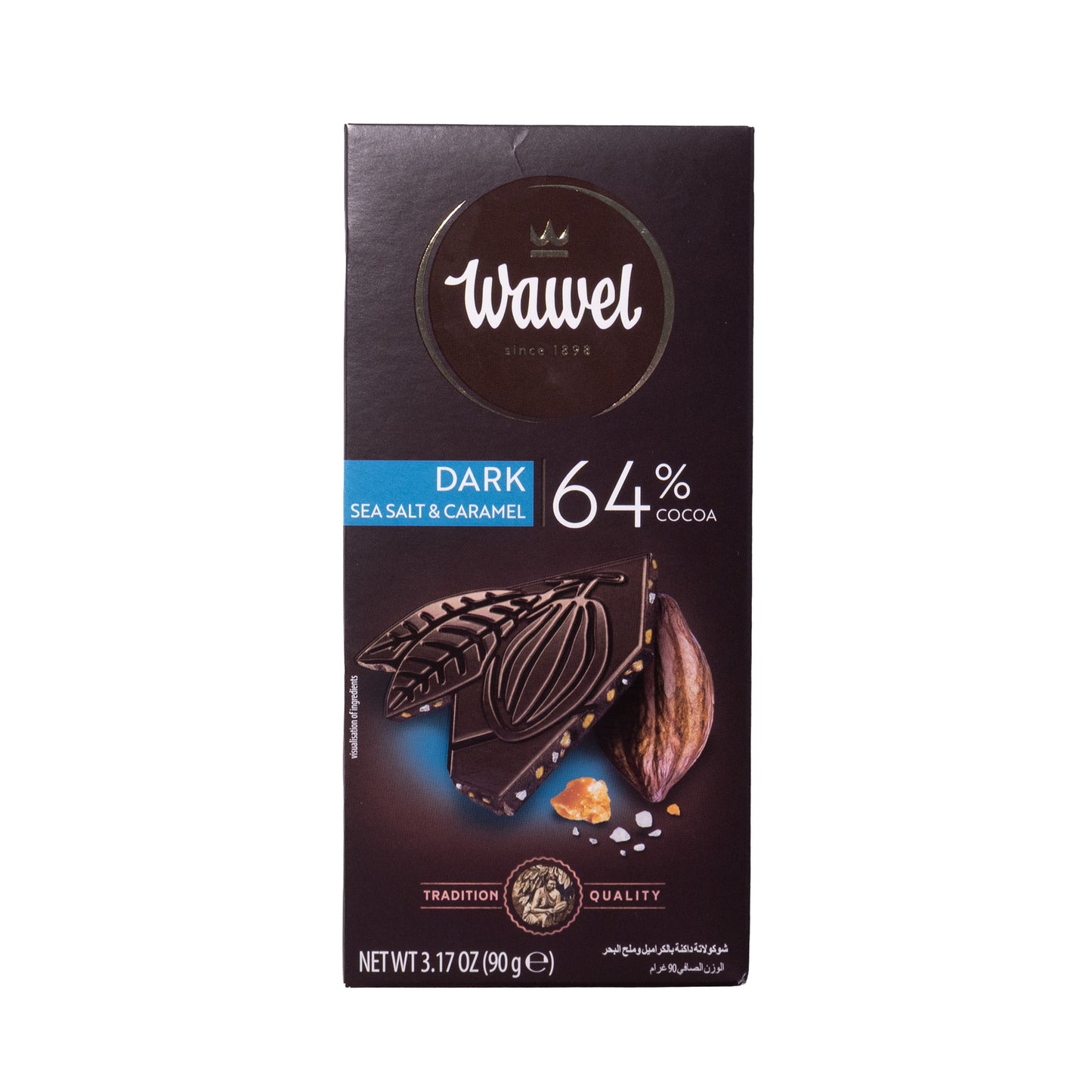 Wawel dark sea salt & caramel 64% dark chocolate bar, 3.17 oz, front packaging with cocoa pod and salt crystals shown