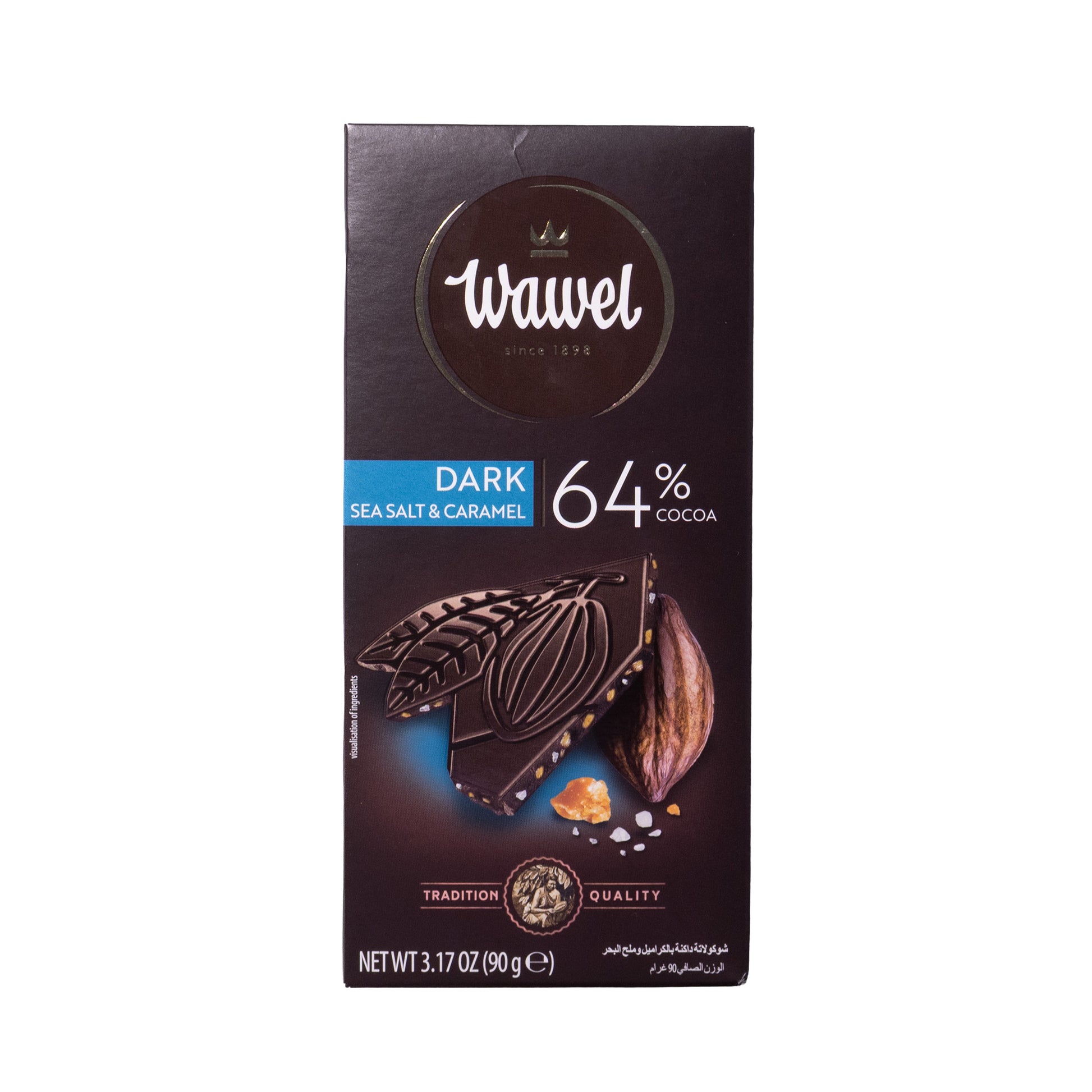 Wawel dark sea salt & caramel 64% dark chocolate bar, 3.17 oz, front packaging with cocoa pod and salt crystals shown