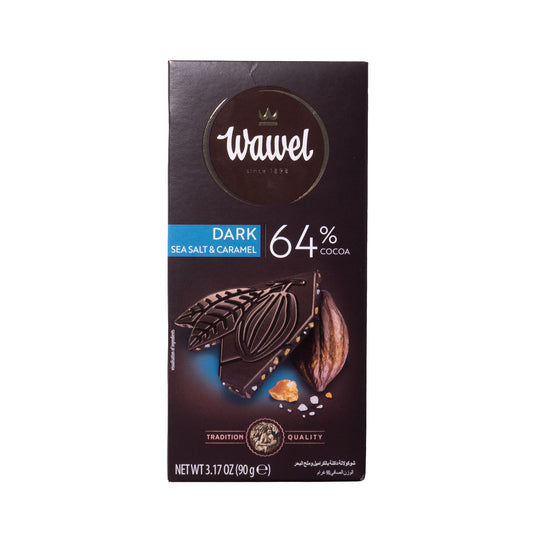 Wawel dark sea salt & caramel 64% dark chocolate bar, 3.17 oz, front packaging with cocoa pod and salt crystals shown