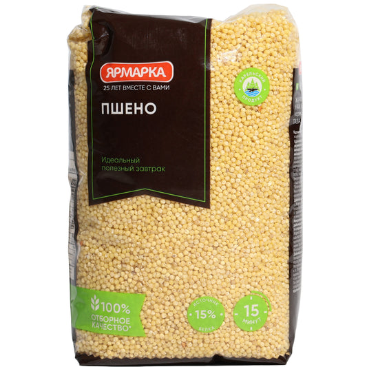 Yarmarka Millet Groats, 24.7 oz (700 g) — premium millet groats, a naturally gluten-free grain ideal for hot breakfast cereals, side dishes, casseroles, and traditional Eastern European recipes. Packaged in a clear bag showcasing the millet grains with Yarmarka branding.
