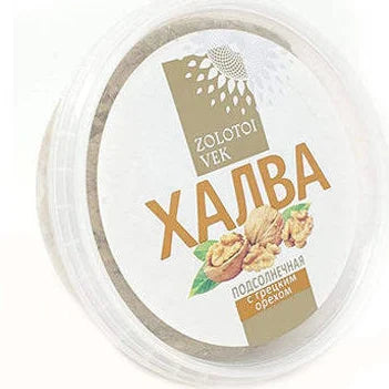 Russian plastic box of Zolotoy Vek Vanilla Halva w/ Walnuts, 360g