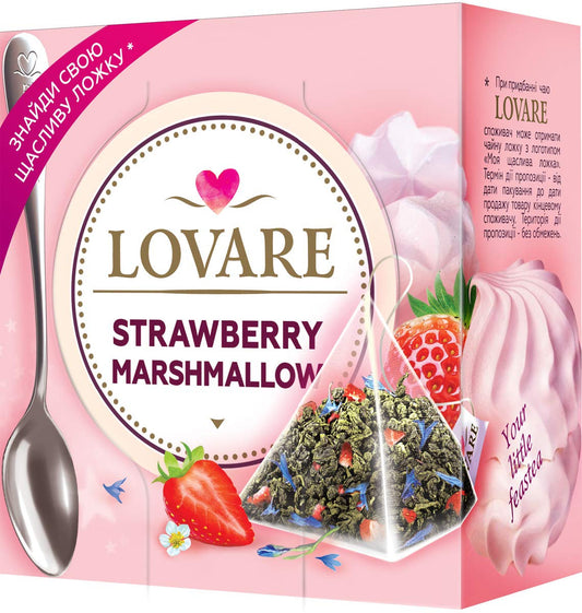 box of Lovare Strawberry Marshmallow Green Leaf Tea, 15TB